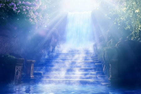 A mystical 3D background of a waterfall flowing upwards into the sky, defying the laws of nature. The glowing water illuminates the misty surroundings, and ancient stone carvings along the riverbanks suggest that this place holds secrets lost to time.の素材