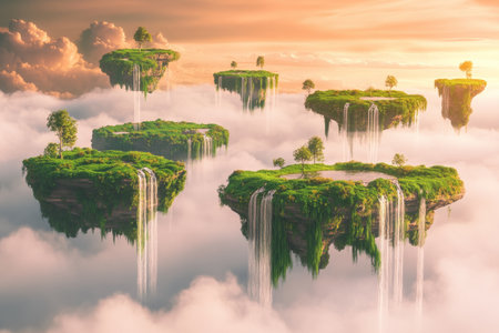 A dreamlike 3D background of floating islands in the sky, covered in lush green grass and dotted with small waterfalls spilling into the clouds below. The sky is painted with soft pink and orange hues, creating a tranquil and surreal setting.の素材