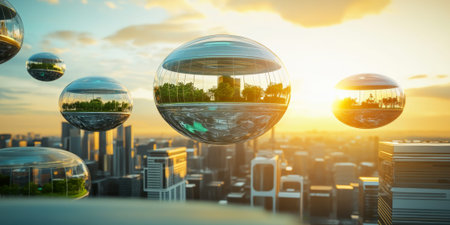 A futuristic 3D background of a city built on massive floating rings in the sky. Each ring contains lush green parks, shimmering glass buildings, and advanced hovercrafts zipping between structures. The sun sets in the distance, casting a golden glow.の素材