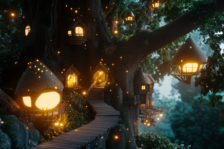A fantasy-inspired 3D background of a hidden elven village nestled within a giant tree. Intricate wooden pathways connect glowing mushroom houses, while bioluminescent fireflies illuminate the forest canopy, casting a soft, mystical glow.の素材