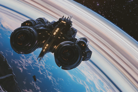 A high-tech 3D background of a floating research station orbiting Saturn. Gigantic glass panels offer breathtaking views of the planet rings, while sleek robotic arms analyze cosmic anomalies on large digital displays.の素材