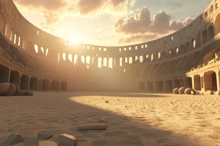 A grand 3D background of an ancient Roman coliseum, filled with roaring spectators. The sun casts dramatic shadows over the sandy battlefield, where two armored gladiators stand ready for an epic clash, evoking a sense of history and intensity.の素材