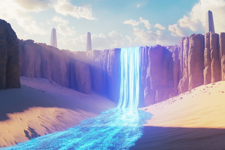 A surreal 3D background of a gravity-defying waterfall flowing sideways across a vast desert. The glowing liquid cascades through the air, defying physics, while distant alien monoliths rise from the sand, hinting at an ancient civilization forgotten secrets.の素材