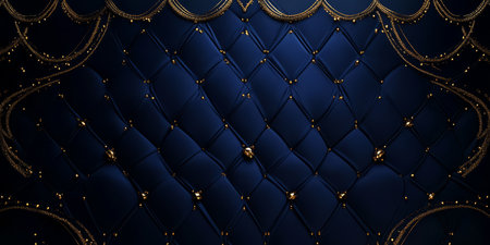 A luxury 3D background featuring a deep sapphire-blue velvet texture with delicate gold embroidery. The combination of rich colors and soft lighting adds a sense of premium elegance.の素材