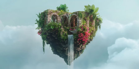 A mystical 3D background of a floating garden built on ancient stone ruins, suspended in the sky by unknown magic. Lush, colorful plants bloom in midair, while shimmering waterfalls pour into endless, mist-covered voids below.の素材