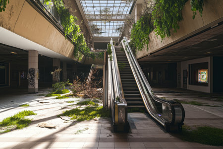 A post-apocalyptic 3D background of an overgrown, abandoned shopping mall. Sunlight filters through broken skylights, casting eerie shadows on moss-covered escalators, while vines creep through shattered display windows.の素材
