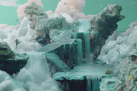 A surreal 3D background of a landscape where gravity constantly shifts, causing floating islands, waterfalls, and staircases to move unpredictably. Strange creatures adapted to the ever-changing physics navigate this chaotic, yet mesmerizing, reality.の素材