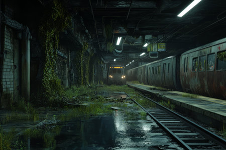 A post-apocalyptic 3D background of an overgrown subway station. Vines creep through the cracked concrete, and pools of water reflect the flickering emergency lights. A long-forgotten train, rusted and covered in moss, waits silently on the tracks.の素材