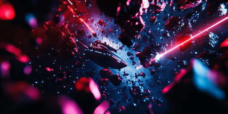 A futuristic 3D background of an advanced space exploration vessel navigating through a dense asteroid field. The ship sleek design and pulsating thrusters illuminate the dark void, while laser beams and energy shields protect it from the relentless barrage of cosmic debris.の素材