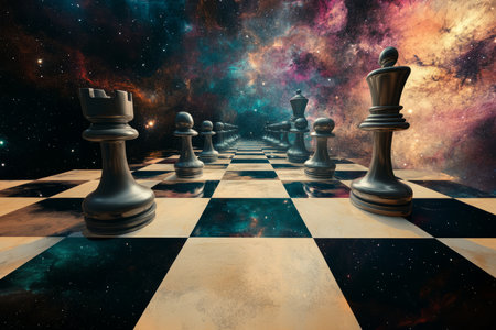 A surreal 3D background of a floating chessboard where pieces move by themselves in a never-ending game. The checkered tiles extend infinitely into a vast cosmic void, giving a sense of strategy in an endless battle.の素材