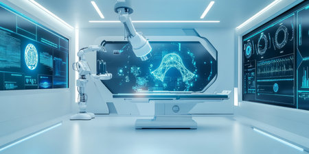 A futuristic 3D background of a cybernetic surgery room, with robotic arms performing delicate operations. The sterile white walls contrast with the glowing blue interface screens, displaying biometric data and neural pathways.の素材