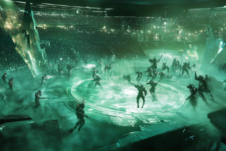 A futuristic 3D background of a high-tech gladiator arena, where combatants in advanced exo-suits battle in a holographic environment. The crowd roars as the terrain shifts dynamically, changing the battlefield every few seconds.の素材