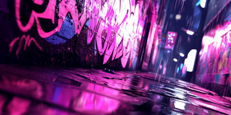 A cyberpunk 3D background featuring a dark alleyway covered in neon graffiti, flickering holographic advertisements, and steam rising from underground vents. The rain-soaked pavement reflects bright pink and blue lights, giving the environment a gritty, futuristic feel.の素材