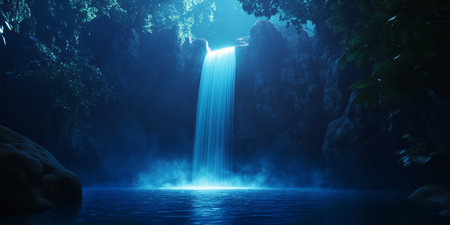 A fantasy 3D background featuring an enchanted glowing waterfall flowing into a pool of liquid light. The ethereal glow and mist create a magical, immersive atmosphere.の素材