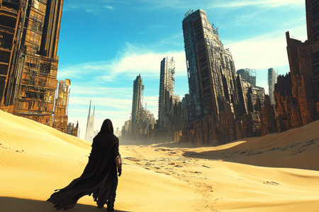 A post-apocalyptic 3D background of a desolate desert wasteland. The remnants of a once-thriving metropolis laid buried under golden dunes. Rusted skyscrapers lean at odd angles, while a lone traveler in a hooded cloak walks toward the horizon.の素材