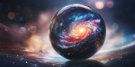 A surreal 3D background displaying a levitating glass sphere encasing a miniature galaxy. The intricate cosmic details within the transparent surface create a mesmerizing fusion of science fiction and artistic wonder.の素材