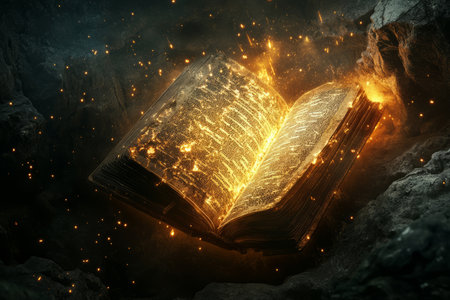 A mystical 3D background of a glowing enchanted book floating in mid-air, its pages turning by themselves. Ancient runes shimmer in golden light, casting a magical glow on the surrounding dark stone chamber.の素材