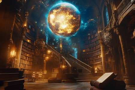 A magical 3D background of a grand wizard tower, its walls lined with floating books and arcane symbols. A massive celestial globe hovers in the center, displaying constellations and cosmic secrets known only to the most powerful sorcerers.の素材