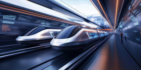A futuristic 3D background of a hyperloop station where passengers board sleek, levitating pods. The smooth metallic surfaces reflect the soft, pulsating glow of digital signs, displaying real-time travel routes across interconnected megacities.の素材