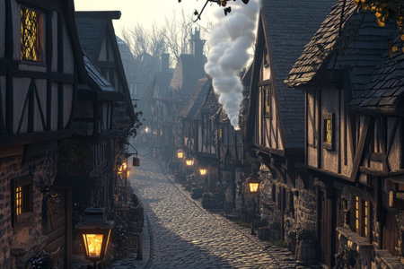 A rustic 3D background of a cozy medieval village with cobblestone streets and timber-framed houses. Smoke rises from chimneys, and warm lantern light spills onto the narrow pathways, as villagers go about their daily routines.の素材
