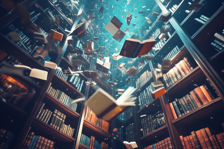 A surreal 3D background of an infinite library where books float in midair, pages flipping by themselves. Ethereal whispers fill the air as knowledge from every era drifts between glowing bookshelves that stretch into the void.の素材