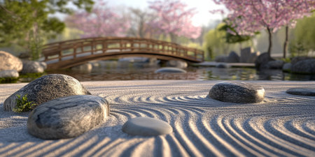 A breathtaking 3D background of a serene Zen garden with meticulously raked sand, smooth river stones, and a tranquil koi pond. A traditional wooden bridge arches over a stream, while cherry blossoms gently fall from ancient trees, creating a meditative atmosphere.の素材