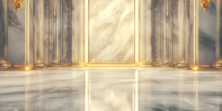 A luxurious 3D background displaying a grand marble floor with elegant golden accents. Soft ambient lighting reflects on the polished surface, enhancing the premium aesthetic. The scene exudes sophistication, making it perfect for branding, presentations, and upscale designs.の素材