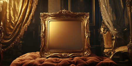 A luxury 3D background showcasing an ornate golden frame resting on a velvet cushion, surrounded by soft, diffused lighting. The regal design suggests wealth, elegance, and heritage.の素材