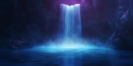 A fantasy 3D background featuring an enchanted glowing waterfall flowing into a pool of liquid light. The ethereal glow and mist create a magical, immersive atmosphere.の素材