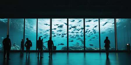 A cinematic 3D background of an underwater research station. Large glass windows reveal the deep ocean outside, with schools of glowing fish and mysterious creatures swimming past.の素材