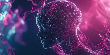 A cybernetic 3D background featuring an advanced humanoid AI interface, with glowing data streams forming an intricate pattern around it. The futuristic neon lights and high-tech details emphasize the concept of artificial intelligence and innovation.の素材