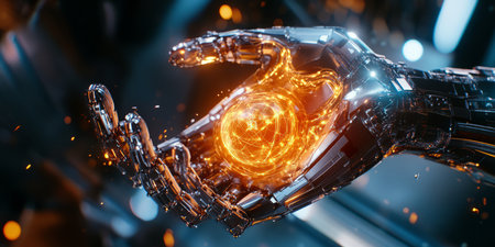A cybernetic 3D background showcasing a robotic hand gently holding a glowing AI core, pulsating with streams of advanced neural connections. The sleek metallic textures and vibrant energy patterns highlight futuristic technological innovation.の素材