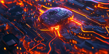 A cybernetic 3D background featuring an advanced humanoid AI interface, with glowing data streams forming an intricate pattern around it. The futuristic neon lights and high-tech details emphasize the concept of artificial intelligence and innovation.の素材