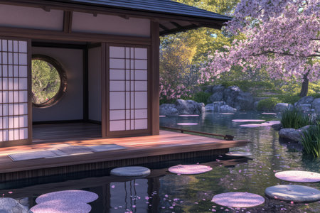 A serene 3D background of a traditional Japanese tea house surrounded by a tranquil koi pond. Wooden sliding doors open to reveal tatami mats and elegant calligraphy scrolls, while cherry blossom petals gently drift through the air.の素材