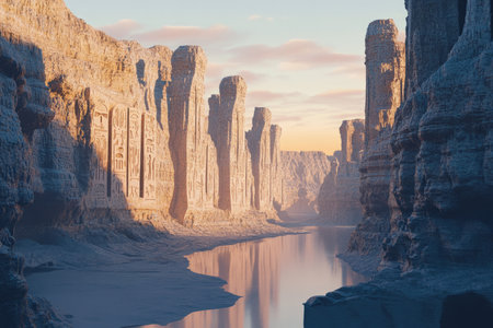 A surreal 3D background of an endless canyon with towering, intricately carved rock formations illuminated by the soft hues of dawn. Ancient hieroglyphs and mysterious symbols adorn the canyon walls as a winding river reflects the early morning light, creating a dramatic landscape.の素材