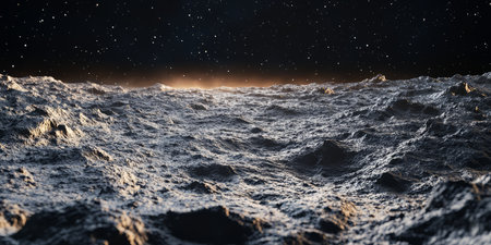 A cosmic 3D background displaying an immense asteroid field drifting through deep space. The glowing nebula in the distance casts a mesmerizing cosmic light over the rugged, metallic surfaces of the asteroids, enhancing the immersive space exploration aesthetic.の素材