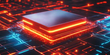 A futuristic 3D background showcasing a hovering metallic platform encased in an energy field. The glowing circuits and transparent holographic panels create a high-tech environment, emphasizing innovation, artificial intelligence, and advanced cybernetics.の素材