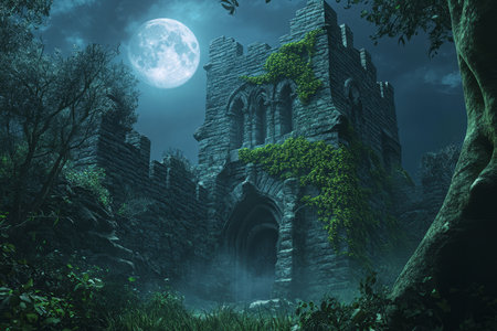 A mystical 3D background of a forgotten castle emerging from the mists of a dense, enchanted forest. Vines and moss cover its ancient stone walls, while a luminous full moon casts a silver glow over the scene, evoking mystery, magic, and timeless legend.の素材