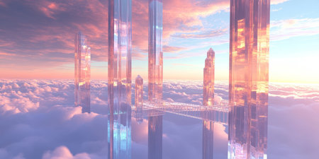 A dreamy 3D background of a floating crystal palace, suspended high above the clouds. The palace shimmers in iridescent hues, reflecting the soft glow of a never-setting sun. Elegant bridges of light connect the ethereal towers.の素材