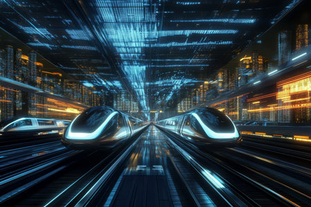 A futuristic 3D background of an advanced urban transport hub, where sleek maglev trains and hovering vehicles converge beneath a network of illuminated skybridges. Modern architecture enhanced by dynamic LED displays and interactive digital maps creates an efficient, vibrant city center.の素材