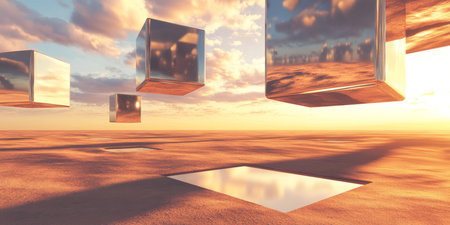 A surreal 3D background featuring a vast desert landscape where giant floating metallic cubes hover above the ground, casting elongated shadows. The warm sunset colors contrast with the reflective, cold metal.の素材