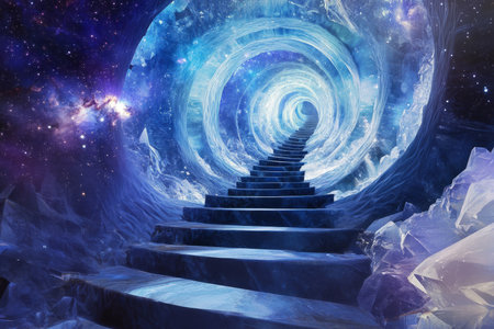 A surreal 3D background of an endless stairway spiraling through a void of shimmering galaxies. Each step leads to a different dimension, with bizarre landscapes unfolding in each doorway, from crystal forests to liquid metal plains.の素材