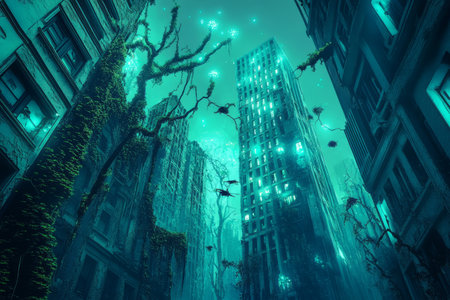 A surreal 3D background of an abandoned city overtaken by nature, where towering skyscrapers are now covered in glowing vines. Strange bioluminescent creatures roam freely, creating a mesmerizing fusion of urban decay and wild beauty.の素材
