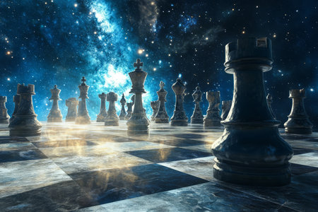 A surreal 3D background of an ancient chessboard the size of a city, where giant, living chess pieces move autonomously. The board floats in a star-filled void, and each piece emits an eerie glow, as if charged with an unknown force.の素材