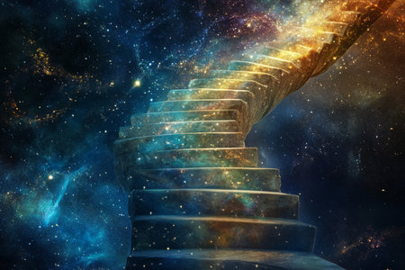 A surreal 3D background of an endless staircase spiraling through a void of shimmering stardust. Each step changes color and material as it is touched, leading travelers through an infinite journey of transformation and mystery.の素材