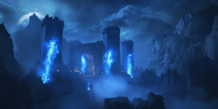 A mystical 3D background of an ancient floating citadel, its towers built from massive levitating stone blocks. Ethereal blue flames flicker from its battlements, casting long shadows over a world lost in legend and mystery.の素材