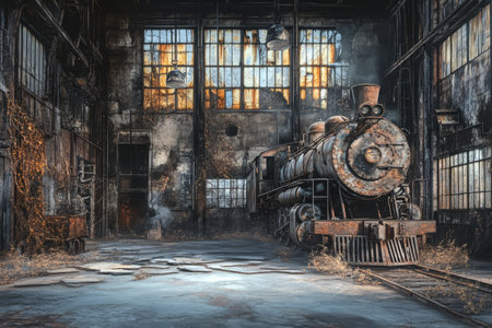 A post-industrial 3D background of an abandoned train depot with rusting locomotives and shattered glass windows. The air is thick with dust, and vines creep through the cracked concrete floor, reclaiming the space for nature.の素材