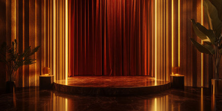 A luxury-inspired 3D background featuring a soft velvet curtain with a rich crimson texture, elegantly illuminated by golden ambient lighting. The interplay of shadows and highlights enhances the sophistication and opulence of the design.の素材