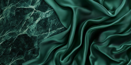 A luxury-inspired 3D background featuring deep emerald green silk fabric with soft folds, elegantly draped across a smooth marble surface. The rich textures and soft lighting enhance the sense of sophistication.の素材