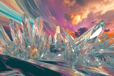 A surreal 3D background of a planet where the sky is a living entity, constantly shifting colors and forming intricate patterns. The surface is covered in reflective crystals, each mirroring an alternate version of reality.の素材